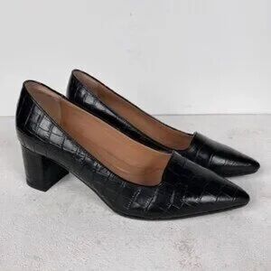 Elegant Black Croc-Embossed Block Heels